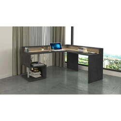 Scrivania Adelma, Scrittoio angolare con ripiani portaoggetti e luci LED, Scrivania ufficio multiuso con sopralzo, 180x60h93 cm, Ardesia