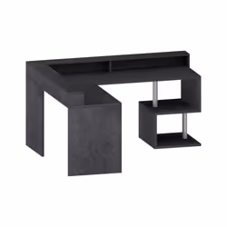 Scrivania Adelma, Scrittoio angolare con ripiani portaoggetti e luci LED, Scrivania ufficio multiuso con sopralzo, 180x60h93 cm, Ardesia