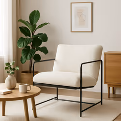 Poltrona Appare, Poltrona rivestita in tessuto bouclé, Sedia imbottita, Seduta con braccioli in metallo, 61x67h75 cm, Bianco