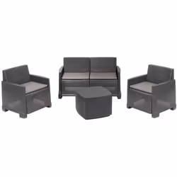 SET SALOTTO DA ESTERNO - Composizione da giardino con 2 poltrone, 1 divano e 1 tavolino contenitore, Effetto rattan con cusci ...