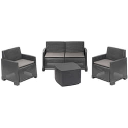 Set salotto da esterno Amer, Composizione da giardino con 2 poltrone, 1 divano e 1 tavolino contenitore, Effetto rattan con cuscini, 100% Made in