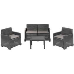 Set salotto da esterno Atrito, Composizione da giardino con 2 poltrone, 1 divano e 1 tavolino, Effetto rattan con cuscini, 100% Made in Italy,