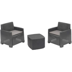 Set salotto da esterno Ari, Composizione da giardino con 2 poltrone e 1 tavolino contenitore, Effetto rattan con cuscini, 100% Made in Italy,