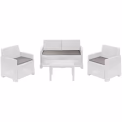 SET SALOTTO DA ESTERNO - Composizione da giardino con 2 poltrone, 1 divano e 1 tavolino, Effetto rattan con cuscini, 100% Mad ...