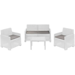 Dmora - Set salotto da esterno Atrito, Composizione da giardino con 2 poltrone, 1 divano e 1 tavolino, Effetto rattan con cuscini, 100% Made in