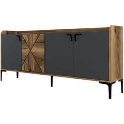 Credenza Deneb, Buffet da soggiorno, Madia da salotto, Dispensa da cucina, 180x35h78 cm, Noce e Antracite, con imballo rinforzato, con imballo