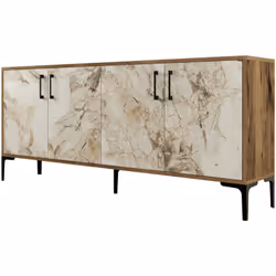 CREDENZA - Buffet da soggiorno, Madia da salotto, Dispensa da cucina, 180x35h78 cm, Noce e Bianco Marmo. STRUTTURA E UTILIZZO ...