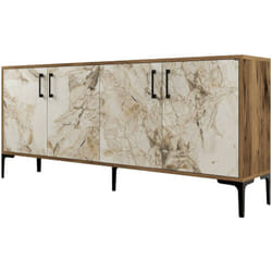 Dmora - Credenza Agape, Buffet da soggiorno, Madia da salotto, Dispensa da cucina, 180x35h78 cm, Noce e Bianco Marmo