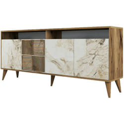 Consolle Jole, Credenza da soggiorno, Armadio basso per tv, Base parete attrezzata, 180x35 h79 cm, Noce e Bianco Marmo - Dmora
