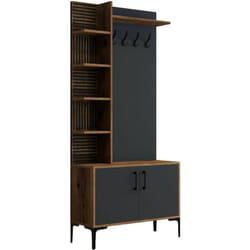 Dmora - Mobile da ingresso Anja, Entratina appendiabiti, Composizione per atrio, Consolle portaoggetti multifunzione, 90x35h200 cm, Noce e Antracite