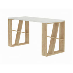 Dmora - Scrivania Ernestina, Scrittoio multiuso, Tavolo per ufficio porta pc, Piano di lavoro, 140x60h75 cm, Bianco e Rovere