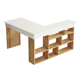 Dmora - Scrivania Altin, Scrittoio multiuso, Tavolo per ufficio porta pc, Piano di lavoro, 129x120h72 cm, Quercia e Bianco
