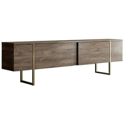 Dmora - Mobile porta tv Abishia, Credenza da soggiorno, Armadio basso per tv, Base parete attrezzata, 180x30h50 cm, Noce e Oro