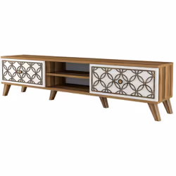 MOBILE PORTA TV - Credenza da soggiorno, Armadio basso per TV, Base parete attrezzata, 180x35h44 cm, Noce e Bianco. STRUTTURA ...