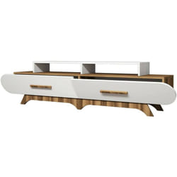 Dmora - Mobile porta tv Massima, Credenza da soggiorno, Armadio basso per tv, Base parete attrezzata, 205x37h50 cm, Noce e Bianco