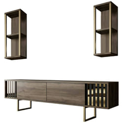 Dmora - Mobile porta tv Artinay, Credenza da soggiorno, Armadio basso per tv, Base parete attrezzata, 180x30h48 cm, Noce e Nero