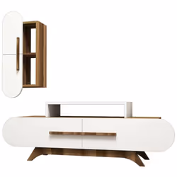 PARETE ATTREZZATA - Composizione soggiorno, Mobile salotto multiuso, Armadio porta TV, 145x37h50 cm, Noce e Bianco. STRUTTURA ...