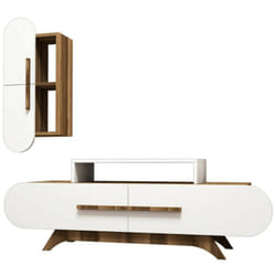 Parete attrezzata Ifigenia, Composizione soggiorno, Mobile salotto multiuso, Armadio porta tv, 145x37h50 cm, Noce e Bianco - Dmora