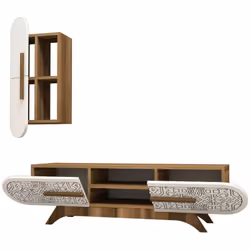 PARETE ATTREZZATA - Composizione soggiorno, Mobile salotto multiuso, Armadio porta TV, 145x35h37 cm, Noce e Bianco. STRUTTURA ...