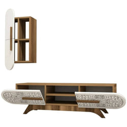 Parete attrezzata Gilberta, Composizione soggiorno, Mobile salotto multiuso, Armadio porta tv, 145x35h37 cm, Noce e Bianco - Dmora