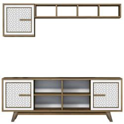 Mobile porta tv Guendalina, Credenza da soggiorno, Armadio basso per tv, Base parete attrezzata, 160x35h56 cm, Noce e Bianco - Dmora