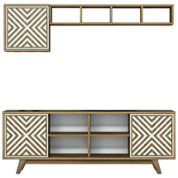 Mobile porta tv Drusilla, Credenza da soggiorno, Armadio basso per tv, Base parete attrezzata, 160x35h56 cm, Noce e Bianco - Dmora