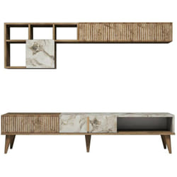 Dmora - Parete attrezzata Ostro, Composizione soggiorno, Mobile salotto multiuso, Armadio porta TV, 180x35h40 cm, Noce e Bianco Marmo