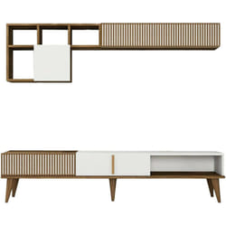 Parete attrezzata Ostro, Composizione soggiorno, Mobile salotto multiuso, Armadio porta tv, 180x35h40 cm, Noce e Bianco - Dmora