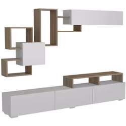PARETE ATTREZZATA - Composizione soggiorno, Mobile salotto multiuso, Armadio porta TV, 210x37h47 cm, Bianco e Noce. STRUTTURA ...