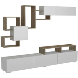 Dmora - Parete attrezzata Acquifero, Composizione soggiorno, Mobile salotto multiuso, Armadio porta TV, 210x37h47 cm, Bianco e Noce