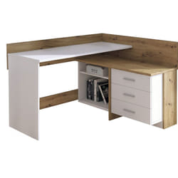 Dmora - Scrivania Elsa, Scrittoio multiuso, Tavolo per ufficio porta pc, Piano di lavoro, 130x112h82 cm, Bianco e Rovere Nodi