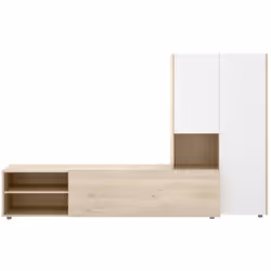PARETE ATTREZZATA - Composizione soggiorno, Mobile salotto multiuso, Armadio porta TV, 227x40 h141 cm, Bianco e Rovere. STRUT ...