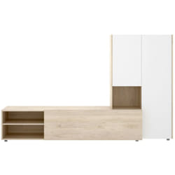 Dmora - Parete attrezzata Abrino, Composizione soggiorno, Mobile salotto multiuso, Armadio porta TV, 227x40 h141 cm, Bianco e Rovere