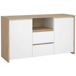Credenza Audrey, Buffet da soggiorno, Madia da salotto, Dispensa da cucina, 149x48 h84 cm, Rovere e Bianco lucido - Dmora
