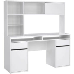Dmora - Scrivania Ambrenti, Scrittoio multiuso, Tavolo per ufficio porta pc, Piano di lavoro, 149x48 h156 cm, Bianco lucido