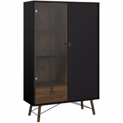 VETRINA - Credenza espositiva, Vetrinetta multiuso, Madia da soggiorno, 102x40 h162 cm, Nero e Noce. STRUTTURA E UTILIZZO - C ...