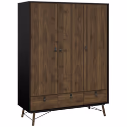 GUARDAROBA 3 ANTE - Mobile camera da letto, Cabina armadio portabiti, Armadio appendiabiti, 150x60 h200 cm, Nero e Noce. STRU ...