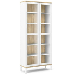 Vetrina Hudhud, Credenza espositiva, Vetrinetta multiuso, Madia da soggiorno, 89x36 h203 cm, Bianco e Quercia - Dmora