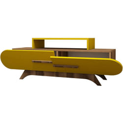 Mobile porta tv Nesatm, Credenza da soggiorno, Armadio basso per tv, Base parete attrezzata, 145x37 h50 cm, Noce e Giallo - Dmora