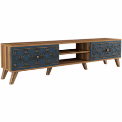 MOBILE PORTA TV - Credenza da soggiorno, Armadio basso per TV, Base parete attrezzata, 180x35 h44 cm, Noce e Blu. STRUTTURA E ...