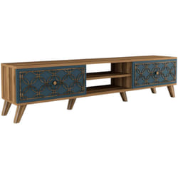 Dmora - Mobile porta tv Albonese, Credenza da soggiorno, Armadio basso per tv, Base parete attrezzata, 180x35 h44 cm, Noce e Blu