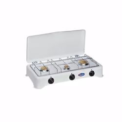 Fornello a gas a 3 fuochi, smaltato bianco, con coperchio, bruciatori in lega Pyral N2, spartifiamma in ottone stampato, grig ...