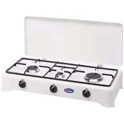 Fornello a gas a 3 fuochi con Valvola di Sicurezza, smaltato bianco, con coperchio, bruciatori in lega Pyral N2, spartifiamma ...