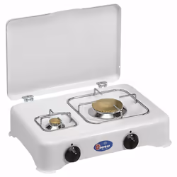 Fornello a gas a 2 fuochi, smaltato bianco, con coperchio, bruciatori in lega Pyral N2, spartifiamma in ottone stampato, grig ...
