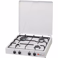 Fornello a gas a 4 fuochi, smaltato bianco, con coperchio, bruciatori in lega Pyral N2, spartifiamma smaltati, griglia in acc ...