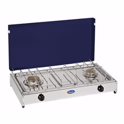 Fornello a gas a 2 fuochi, con piano in acciaio inox, coperchio blu e fianchi verniciati grigi, bruciatori in lega Pyral N2,  ...