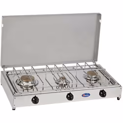 Fornello a gas a 3 fuochi, con piano in acciaio inox, coperchio e fianchi verniciati grigi, bruciatori in lega Pyral N2, spar ...