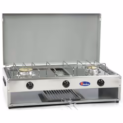 Fornello a gas a 3 fuochi, con piano in acciaio inox, coperchio blu e fianchi verniciati grigi, bruciatori in lega Pyral N2, ...