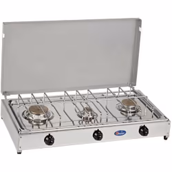 Fornello a gas a 3 fuochi, con piano in acciaio inox, coperchio e fianchi verniciati grigi, bruciatori in lega Pyral N2, spar ...