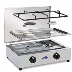 Fornello a gas a 2 fuochi in acciaio inox, con piano estraibile, con coperchio, bruciatori in lega Pyral N2, spartifiamma sma ...